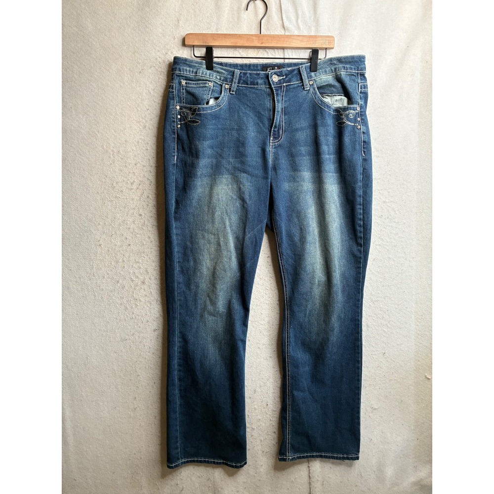 Earl Jean Slim Bootcut Blue Denim Rhinestone Embroidered Jeans 18W Medium Wash